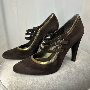 Stuart Weitzman dark chocolate brown suede metallic gold trim buckle high heel 9